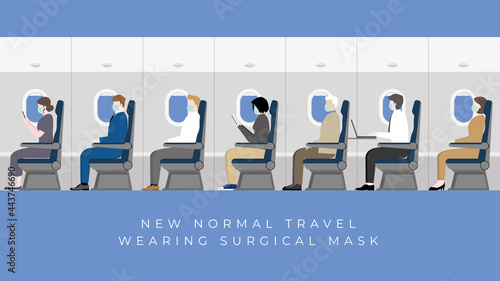 Travel lifestyle concept after pandemic covid-19 coronavirus. The new normal trip is wearing face masks in the aircraft's cabin. Herd immunity and prevent the airborne transmission of virus symptoms.