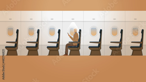 A senior white hair man is reading a book in a plane cabin alone in an orange morning sunrise. Vector of travel lifestyle concept of activity on a long journey. Airplane interior with an empty seat.