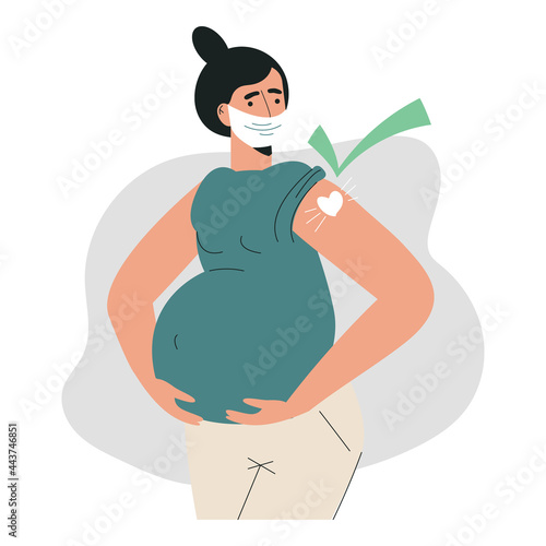 Pregnant woman vaccination or after vaccine concept. Injection in shoulder and green check. Pregnant getting vaccine shot. Woman in face mask showing arm with bandage. Flat vector illustration