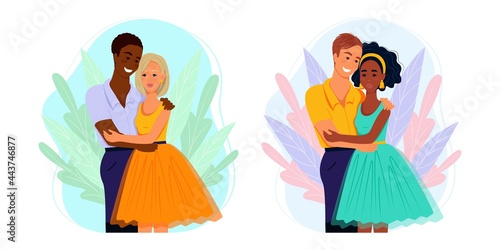 Multiracial couple in love, family of different nationalities, vector illustration in flat style. Cartoon.