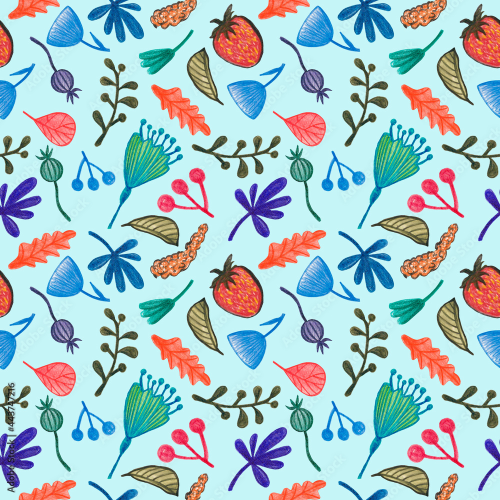 stylized small flowers seamless pattern. mint background, berries , buds , inflorescences painted by hand. beautiful design for packaging, printed products, perfect for textiles stylized small flowers seamless pattern. mint background, berries , buds , inflorescences painted by hand. beautiful design for packaging, printed products, perfect for textiles