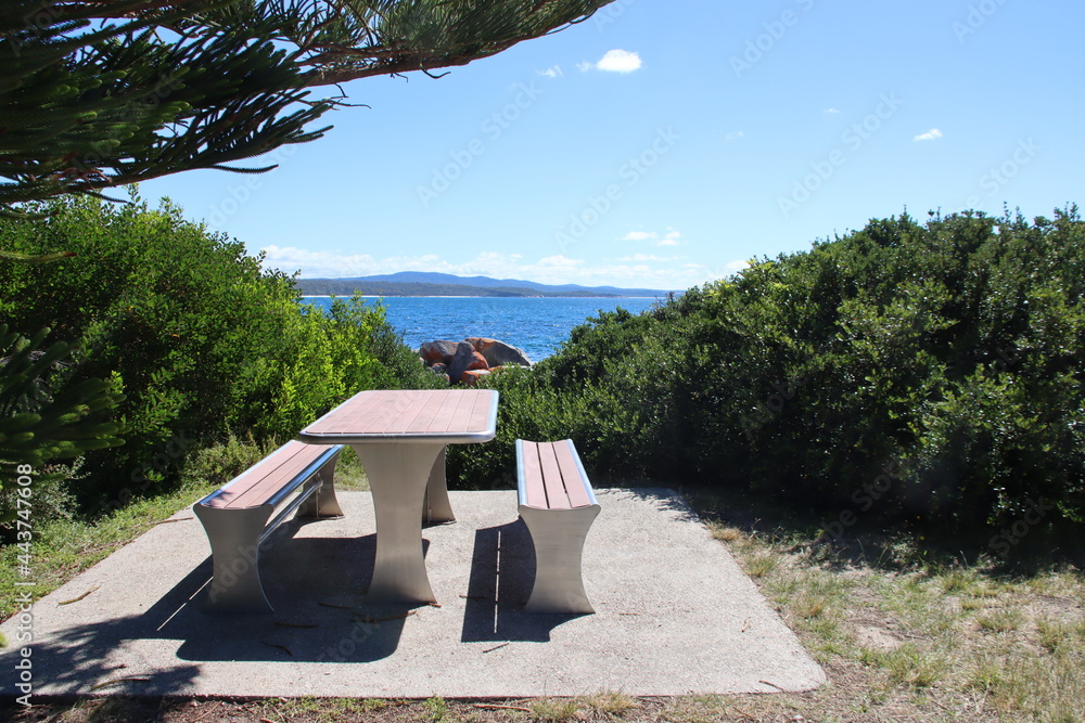 Fototapeta premium Picnic setting near the Bay of Fires on the east coast of Tasmania, Australia.