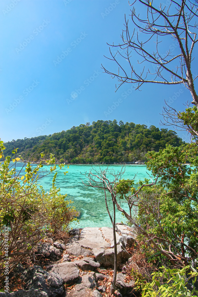 Thailand travel island Koh Lipe turquoise sea color with coral reef view point and sunny clear blue sky background landscape