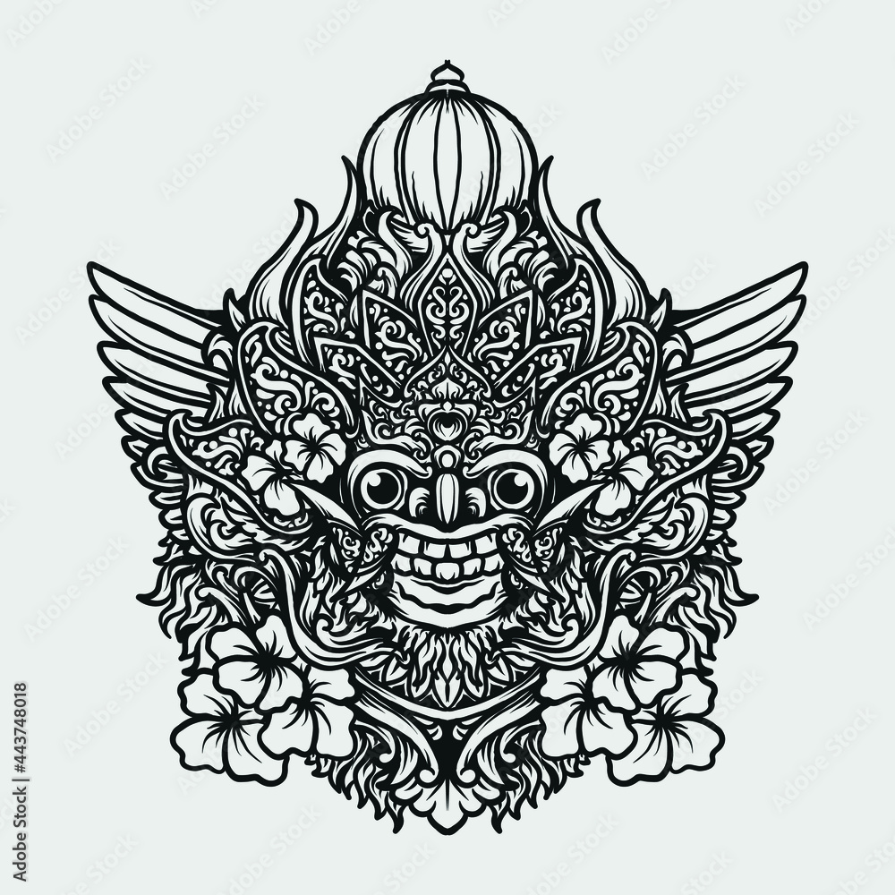 tattoo and t shirt design black and white hand drawn balinese barong engraving ornament