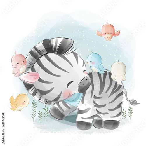 Little Zebra Playing with Birds