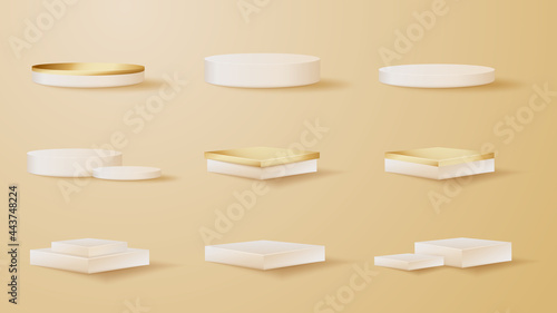 Set of realistic product podium gold and cream color isolated on brown background. 3d vector illustration.