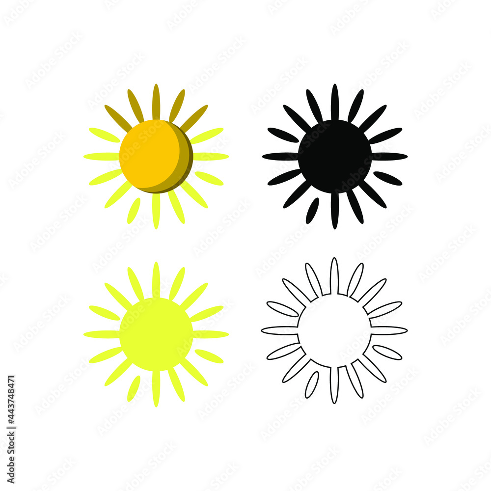 Fototapeta premium Sun, vector icons. The sun disk is colored, black, silhouette, white outline. Flat cartoon isolated on white background, eps 10.