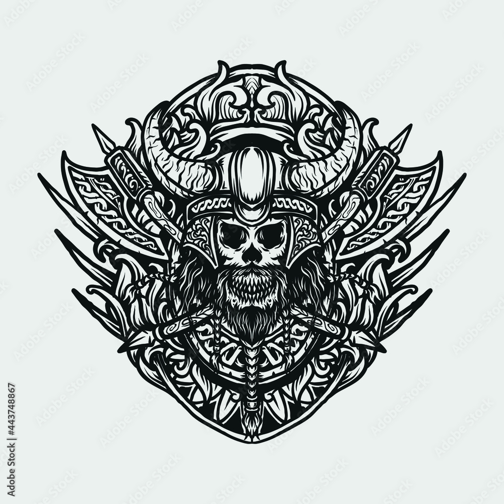 tattoo and t shirt design black and white hand drawn viking skull engraving ornament tattoo and t shirt design black and white hand drawn viking skull engraving ornament