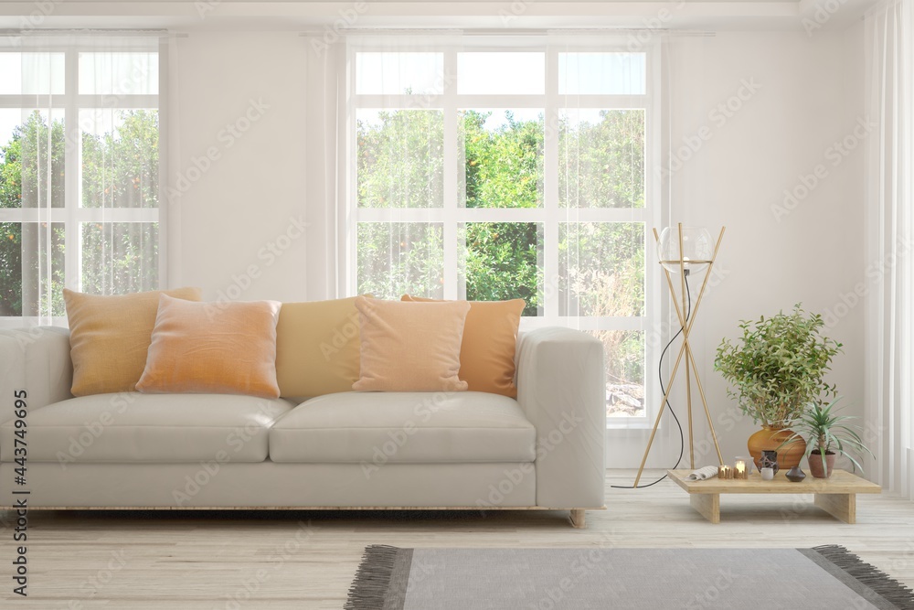 Fototapeta premium White living room with sofa and summer landscape in window. Scandinavian interior design. 3D illustration