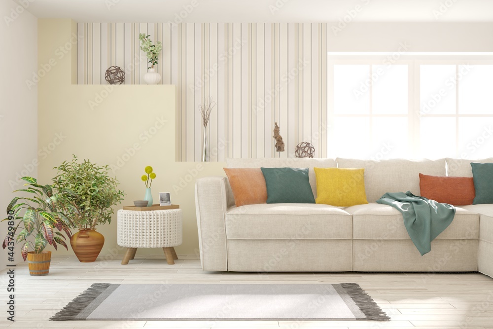 Fototapeta premium White living room with sofa. Scandinavian interior design. 3D illustration