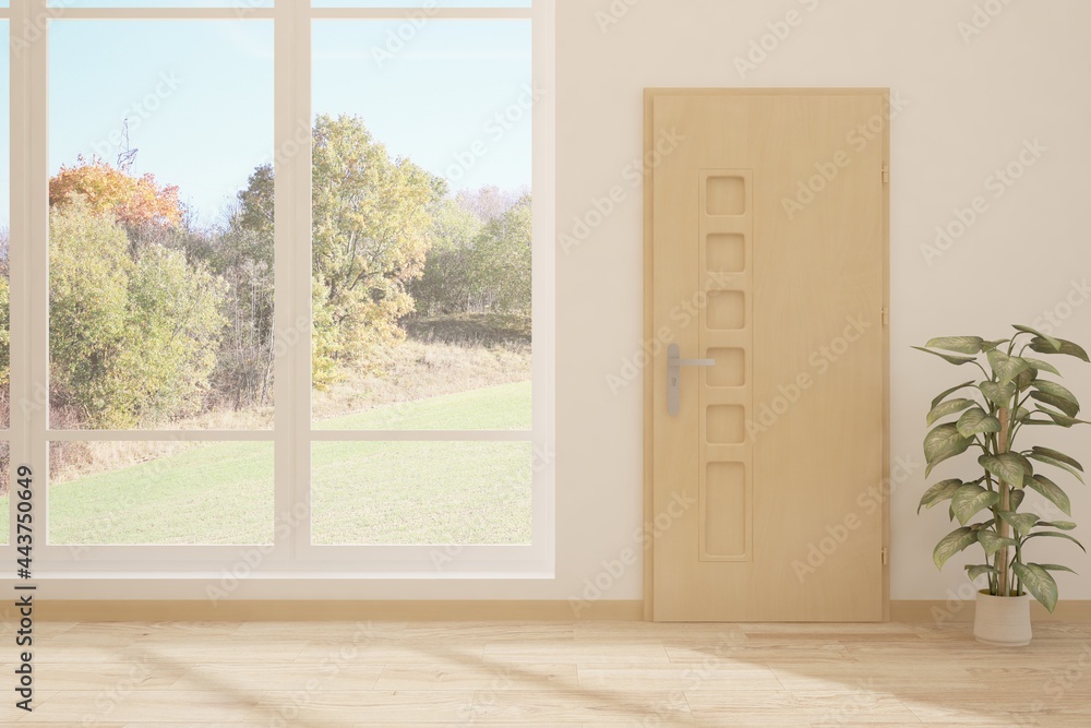 Fototapeta premium White room with sofa and autumn landscape in window. Scandinavian interior design. 3D illustration