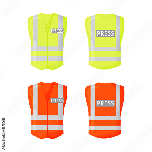 Yellow reflective safety vest for people. Text - press. Protective uniform for reporter, front and back view.