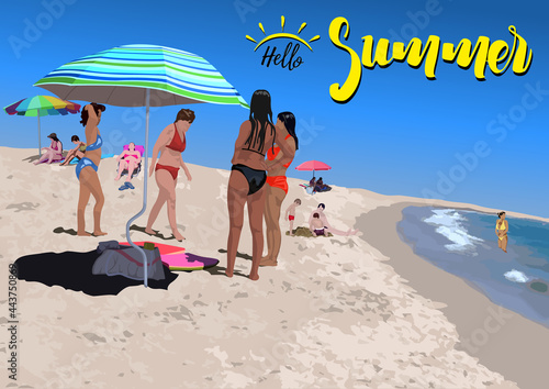 People on the Sandy Beach - Sunny Summer Day on the Beach with Relaxing People by the Sea, Vector Illustration