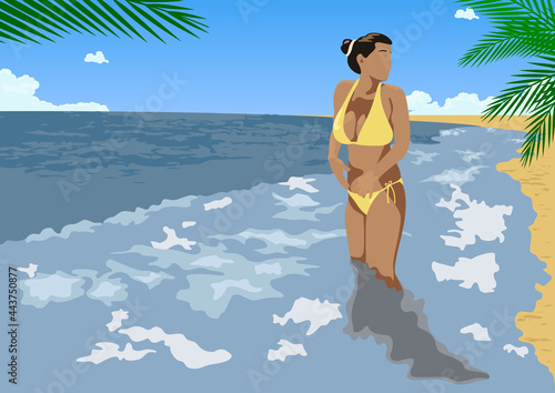 Illustration of a Young Woman in the Water on a Sandy Tropical Beach - Colored Vector Illustration