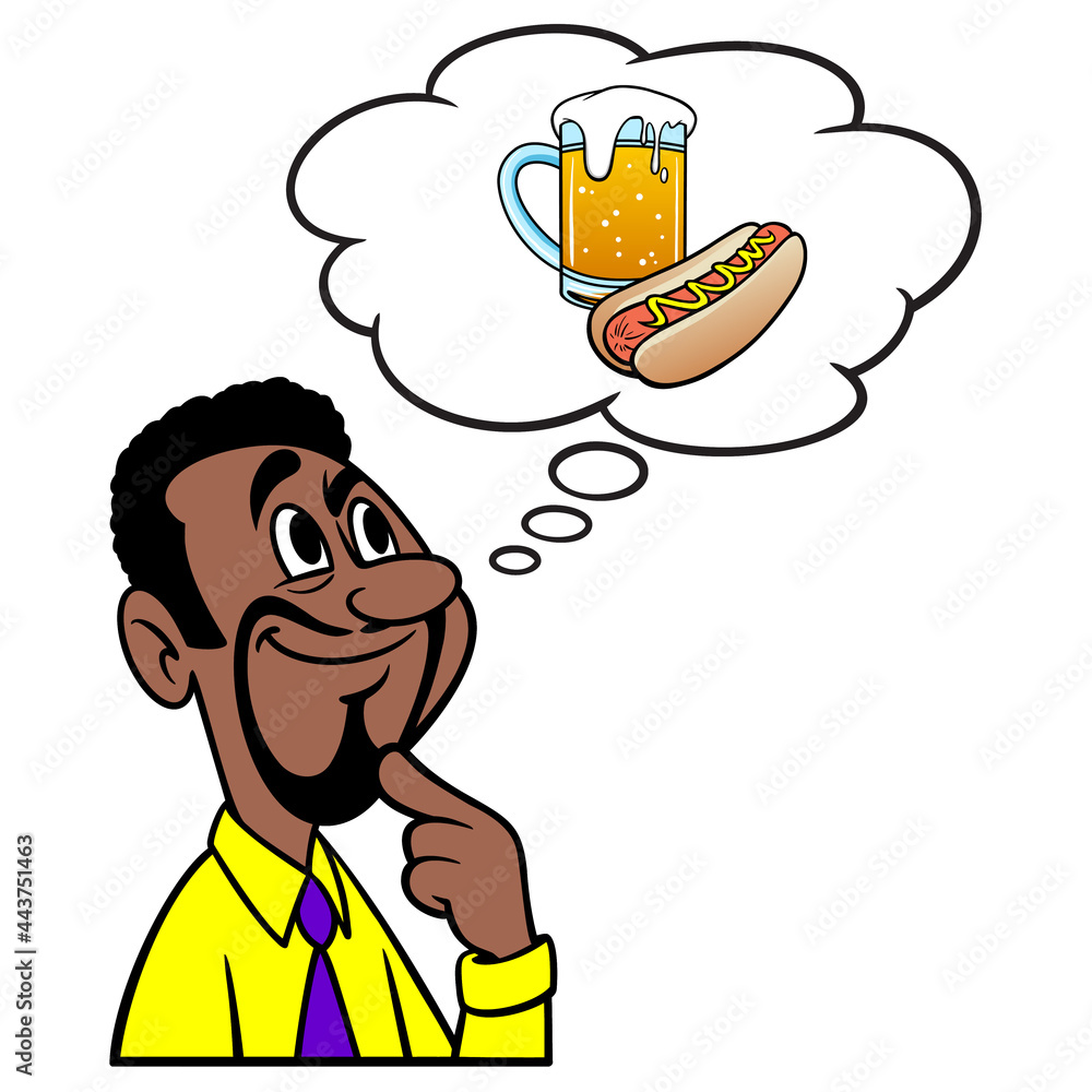 Man thinking about Oktoberfest - A cartoon illustration of a man thinking about having a hotdog and Beer at Oktoberfest.
