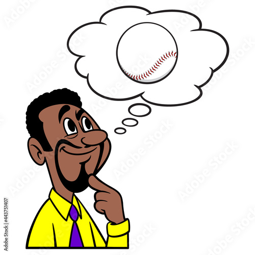 Man thinking about Baseball - A cartoon illustration of a man thinking about Baseball.