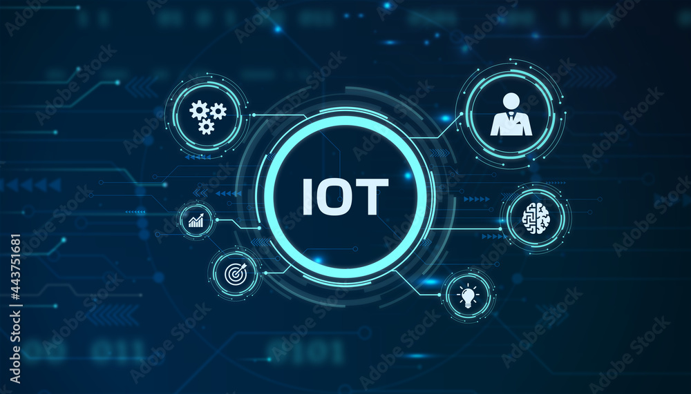 Internet of things - IOT concept. Businessman offer IOT products and solutions. Young businessman select the abstract chip with text IoT on the virtual display. Internet of things - IOT concept. Businessman offer IOT products and solutions. Young businessman select the abstract chip with text IoT on the virtual display.