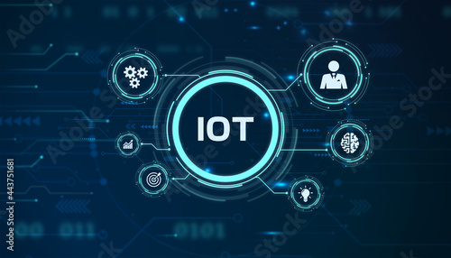 Internet of things - IOT concept. Businessman offer IOT products and solutions. Young businessman  select the abstract chip with text IoT on the virtual display.