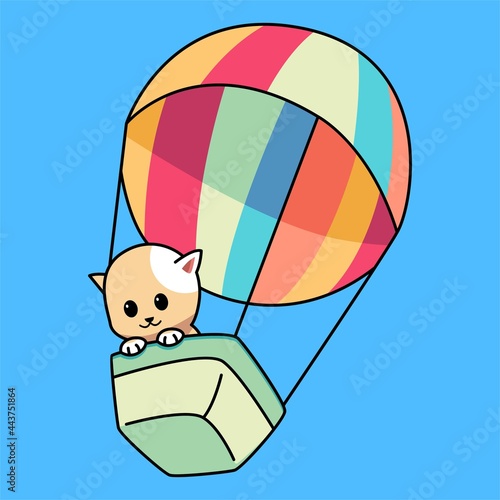 Fototapeta Naklejka Na Ścianę i Meble -  Cute little cat fly on colorful hot air balloon cartoon illustration