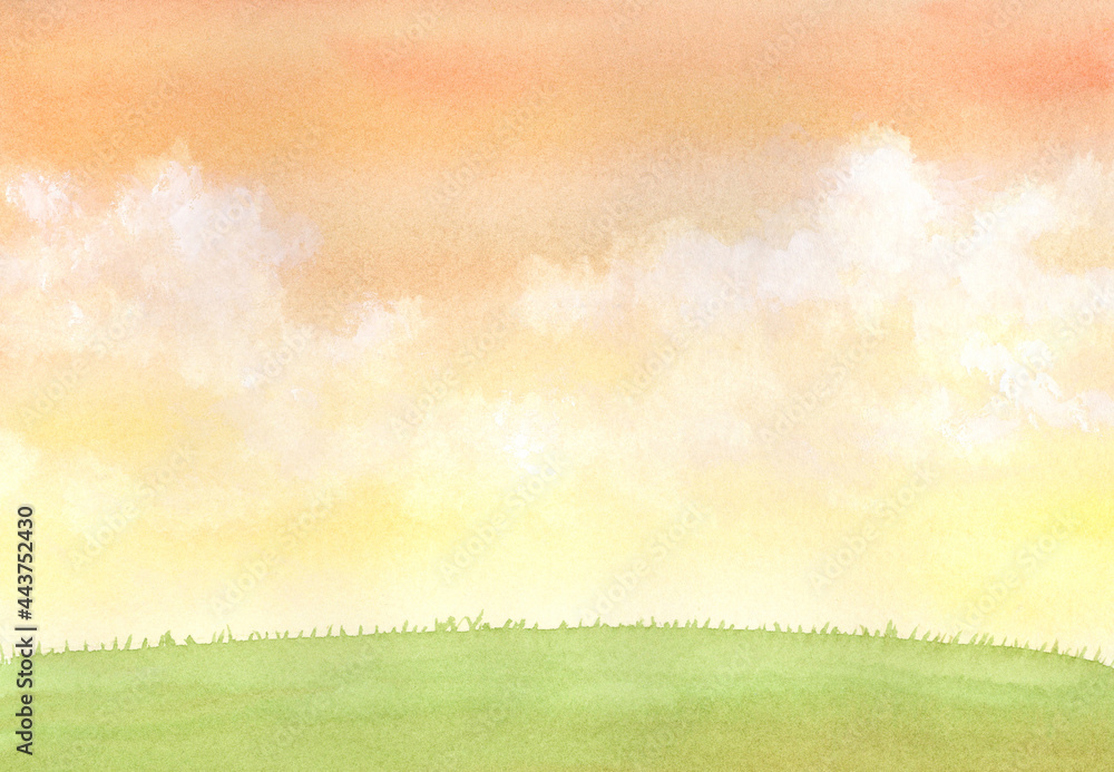 水彩絵の具で描いた秋空と草原