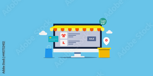 Online ecommerce store, shopping online with secure credit card payment, ecommerce market application, order and good delivery at home. Flat design vector illustration landing page template. 