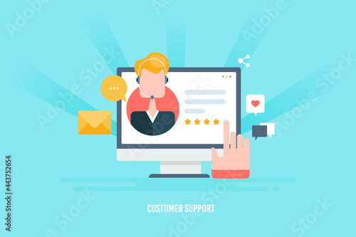 Online customer support, virtual assistant helping customer, five star rating customer service team, operator with headphone, call centre business communication concept.