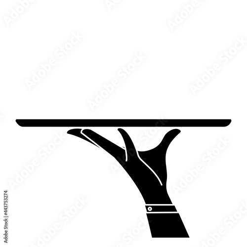 Elegant waiter hand holding empty serving tray for food. Vector flat glyph illustration