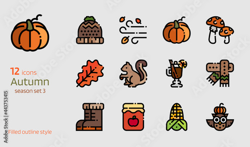Autumn icon vector set. Filled outline style collection of season attributes