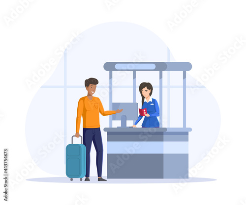 Man with luggage suitcases in queue to flight attendant behind airport check in counter, verification of documents for flight across border.