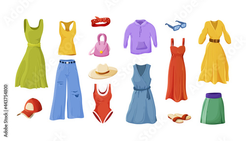 Collection of female fashion summer apparel. Set of feminine clothes or woman wardrobe outfit