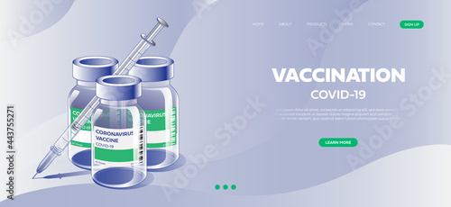 Creative design for Coronavirus vaccine banner background. Covid-19 coronavirus vaccination shot with vaccine bottle and syringe injection tool for covid19 immunization treatment. Vector illustration