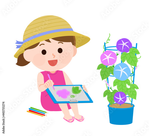 朝顔の絵を色鉛筆で描く女の子　イラスト