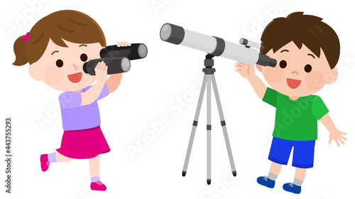 望遠鏡を覗く男の子　双眼鏡を覗く女の子　イラスト
