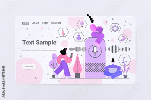 business people using intelligent smart speaker voice recognition activated digital assistant concept