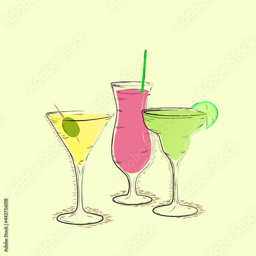  sketch of cocktails with fruits on beige background 