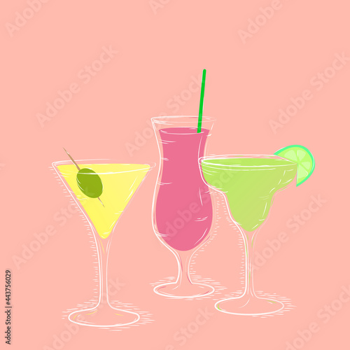  sketch of cocktails with fruits on pink background 