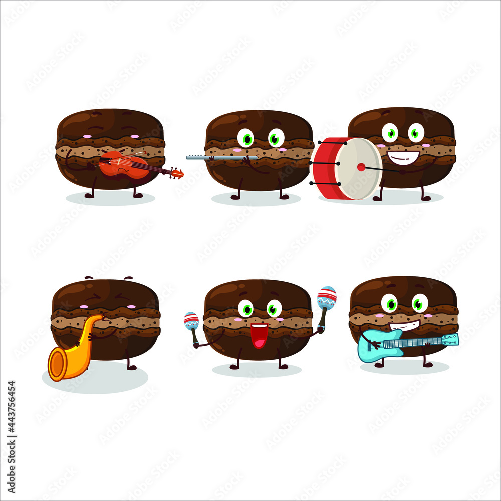 Cartoon character of chocolate macaron playing some musical instruments. Vector illustration Cartoon character of chocolate macaron playing some musical instruments. Vector illustration