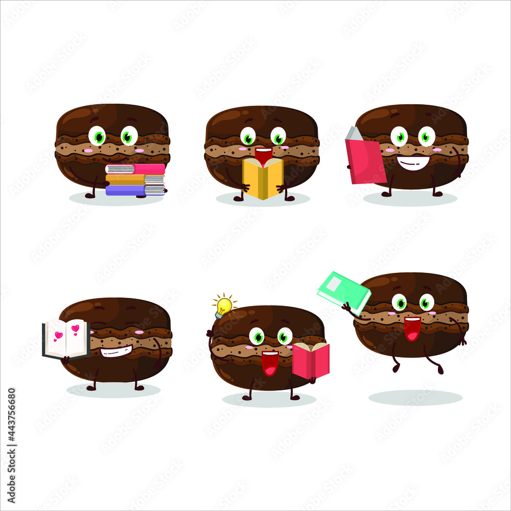 A picture of chocolate macaron cartoon character concept reading an amusing book. Vector illustration A picture of chocolate macaron cartoon character concept reading an amusing book. Vector illustration