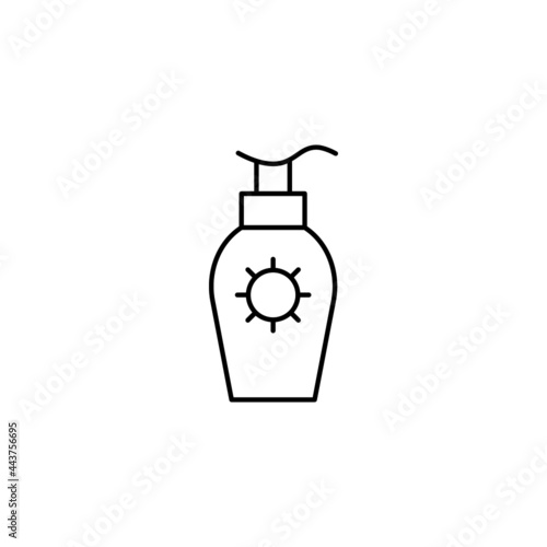 Lotion sunblock icon, sunscreen icon in flat black line style, isolated on white background 