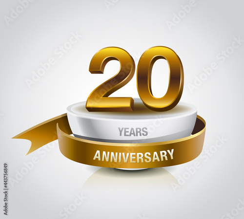 20 years golden anniversary logo celebration with ring and ribbon.