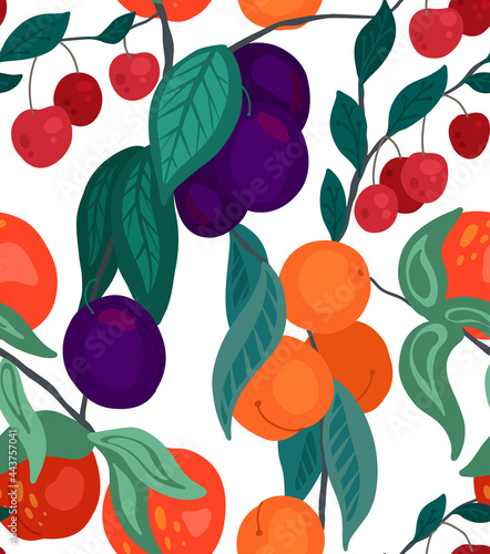Seamless flat texture with cherries, peaches, plums on branches with foliage on white background. Cartoon pattern with berries. Drawn wallpaper with fruits and bushes. Vector natural gardening fabric