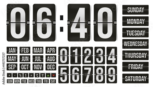 Foto Flip flap clock number, calendar day, month, calculator sign