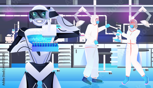 robot with scientists in protective suits making experiments in lab genetic engineering artificial intelligence concept