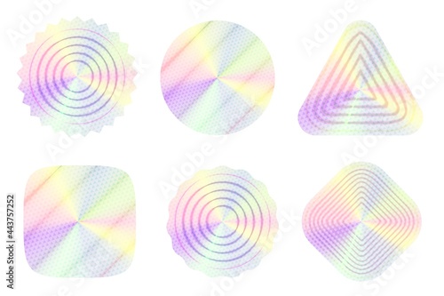 Holographic label with gradient transparent pattern design. Isolated set of unique advert, print or web label layout element for certification, diploma or guaranteed stamp vector illustration
