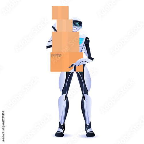modern robot courier robotic deliver holding cardboard boxes delivery service artificial intelligence concept