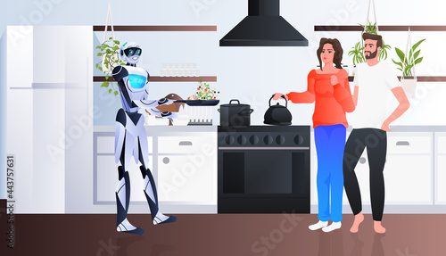 modern robot brings ready vegetables salad to man woman couple artificial intelligence technology concept