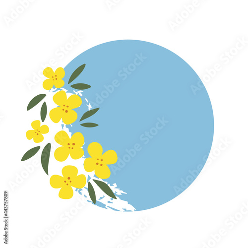 Flower round frame made of rapeseed. Hand-drawn floral circle with copyspace. Yellow cartoon canola buds, greeting card template, invitations, design element. All objects are isolated.