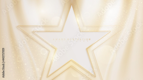 Star shape golden line on luxury canvas scene sparkle, award nomination background concept in pastel cream color, vector illustration about modern template sweet and smoot feeling design.