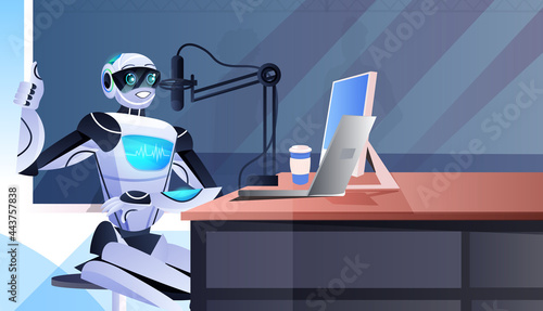 robot podcaster talking to microphone recording podcast in studio podcasting online radio artificial intelligence