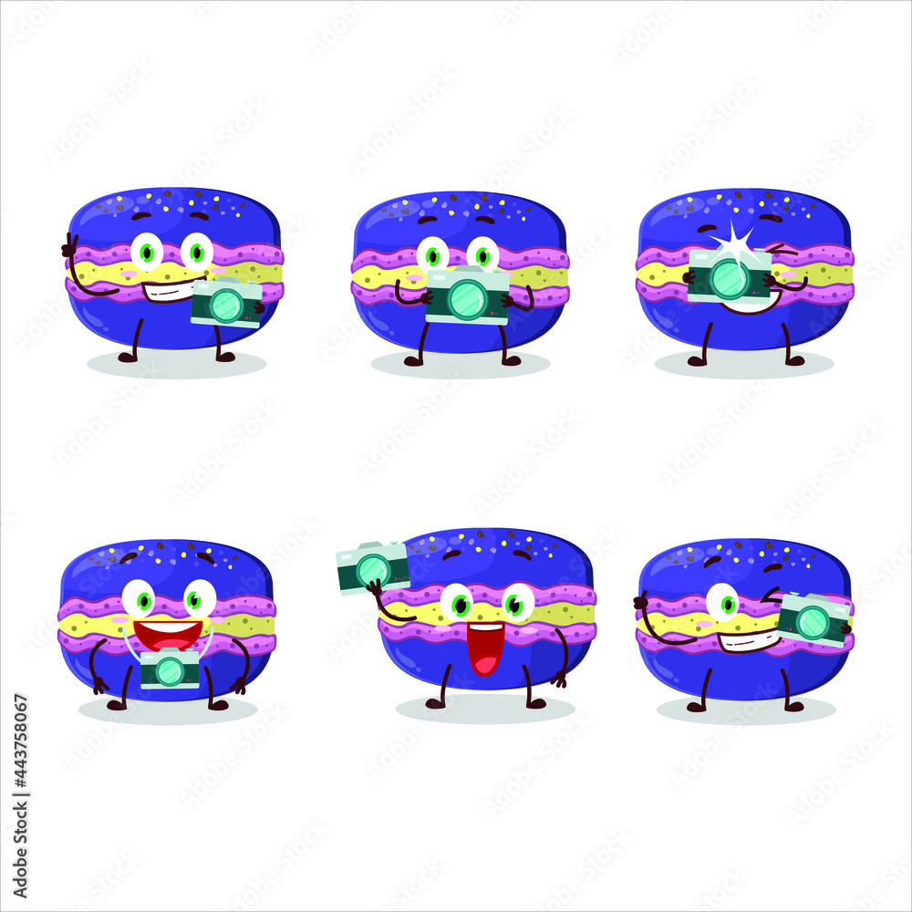Photographer profession emoticon with grapes macaron cartoon character. Vector illustration